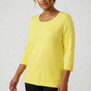 Tabots Womens Sweater Sz M Yellow Button Cuff 3/4 Sleeve Crew Neck Classic